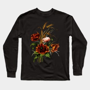 Poppies And Wheat Botanical Art Vector Long Sleeve T-Shirt